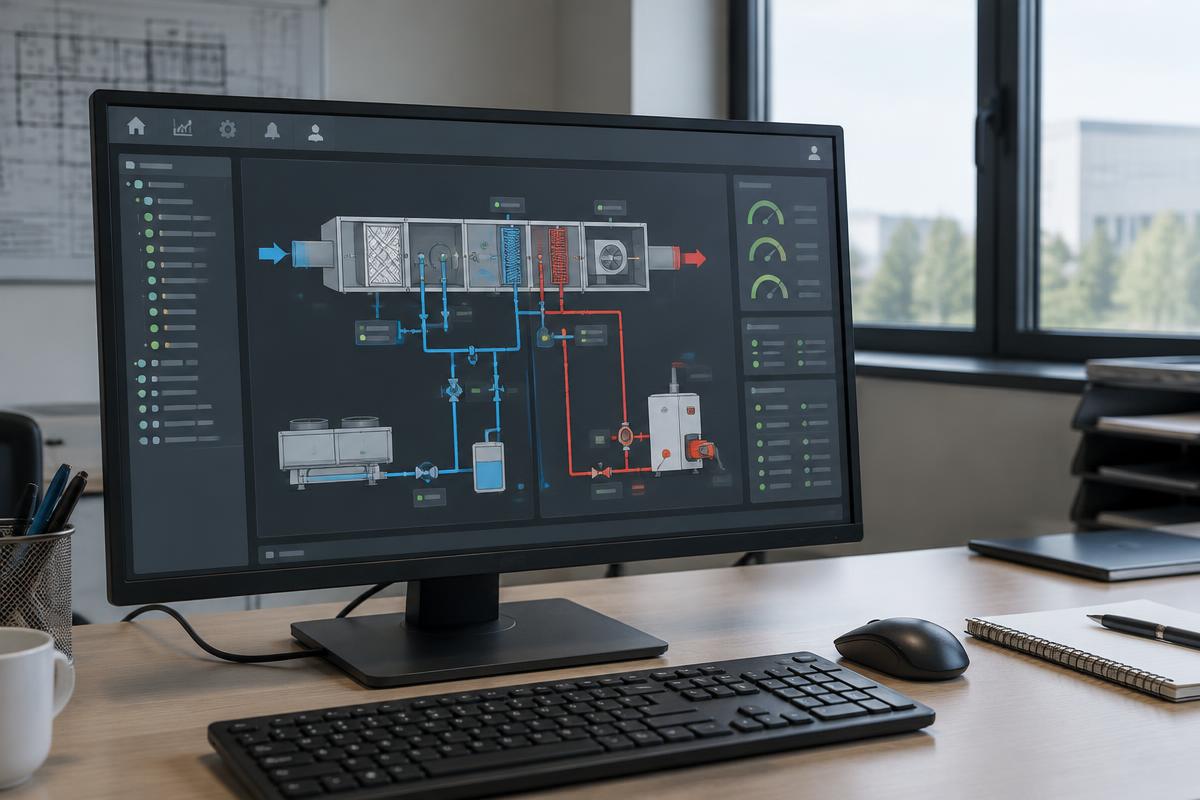 Ekran systemu BMS ze schematem centrali wentylacyjnej