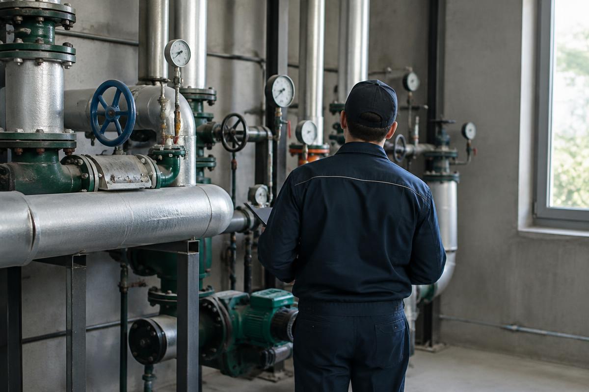 Technik kontrolujący instalację w węźle cieplnym